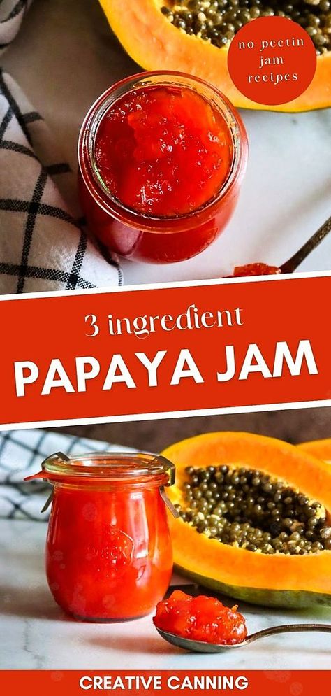 Discover the tropical delight of 3 Ingredient Papaya Jam, a standout in our No Pectin Jam Recipes collection. This healthy papaya recipe captures the essence of the tropics in a jar, made simply with three ingredients and no additional pectin. It's an easy, delicious way to enjoy papaya all year round. Find more Canning Fruit Recipes, Canning Recipes for Beginners, and Home Canning Recipes at creativecanning.com. Papaya Recipes Healthy, Canning Recipes For Beginners, Papaya Jam, Papaya Recipe, Canning Fruit Recipes, Papaya Recipes, Lemon Juice Uses, Canning Fruit, Home Canning Recipes