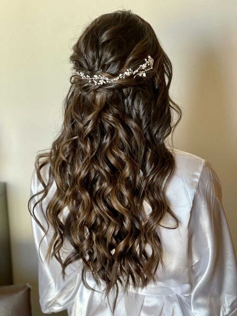 Brunette hair, wedding hairstyle, hair piece, half up half down Wedding Hair With Hair Piece, Bridal Hair Half Up Half Down, Down Styles, Half Up Curls, Wedding Hair Brunette, High Bun Hair, Bridal Hair Half Up, Day Hairstyles, Half Up Wedding Hair