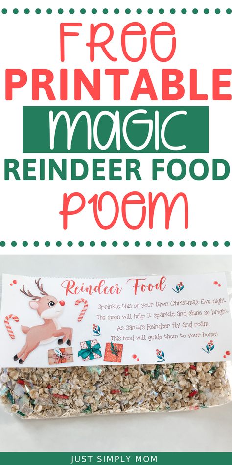 A simple recipe for how to make magic reindeer food for Christmas eve with a reindeer food free printable poem to attach to your baggy to make it more festive Reindeer Food Recipe Kids How To Make, Reindeer Dust Free Printable, Reindeer Dust Recipe, How To Make Reindeer Food For Kids, Reindeer Food Poem Free Printable, How To Make Reindeer Food, Reindeer Food Labels Printables Free, Raindeer Crafts Diy Food, Reindeer Food Recipe Kids