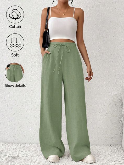 Verde Casual Collar  Viscosa Liso Pierna ancha Embellished No-Elástico Green Pants Outfit Casual, Green Trousers Outfit, Teacher Pants, Outfits Back To School, Elegant Pants, Teacher Outfits Fall, Striped Trousers, Clothes Fall, Teacher Clothes