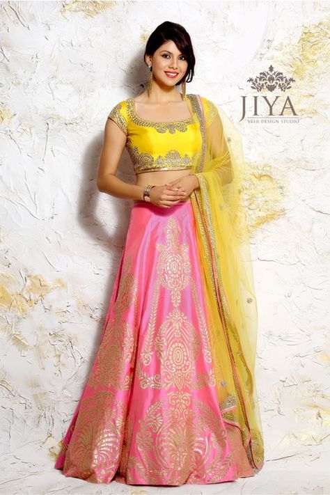 Bright Yellow and Pastel Pink Gota Patti Lehenga Bridal Lehenga Color Combinations, Lehenga Color Combinations, Gota Patti Lehenga, Pink Marigold, Lehenga Jewellery, Lehenga Style, Red Lehenga, Lehenga Designs, Indian Attire