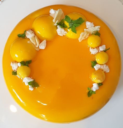 Mango and Passion fruit Entremet. Passion Fruit Entremet, Mango Entremet, Fruit Glaze, Mirror Glaze, Mango Fruit, Passion Fruit, Gelato, Glaze, Mango