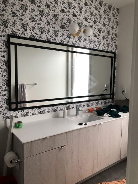 Painted Mirror Frame Ideas, Builder Grade Bathroom Mirror, Bathroom Mirror Frame Ideas, Painted Mirror Frame, Mirror Frame Bathroom, Diy Mirror Frame Bathroom, Wood Framed Bathroom Mirrors, Framed Bathroom Mirrors, Builder Grade Bathroom