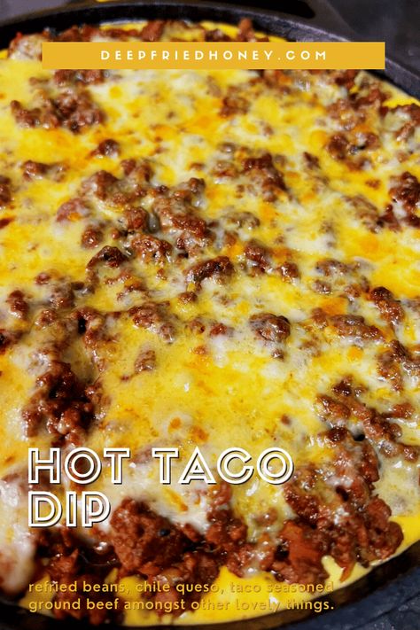 Beefy Taco Dip, Crockpot Taco Dip Ground Beef, Taco Dip With Ground Beef, Hot Taco Dip, Appetizer Dips Hot, Taco Appetizers, Taco Dip Easy, Cheese Dip Mexican, Refried Bean Dip