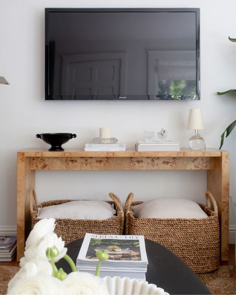 Tv Console With Ottomans Underneath, Mounted Tv In Small Living Room, Bedroom And Tv Ideas, Small Living Room Console Table, Tv Stand Decor Living Room Minimalist, Decor Under Mounted Tv Living Rooms, Coffee Table As Tv Stand, Mounted Tv Console Table, Coffee Table Under Mounted Tv