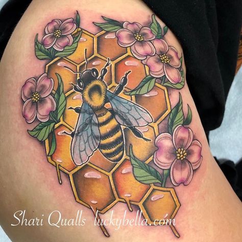 Honey I’m Home • Bee and Honeycomb Tattoo | Tattoo Ideas and Inspiration Bee And Honeycomb Tattoo, Chandelier Tattoo, Honey Bee Tattoo, Honeycomb Tattoo, Tattoo Quotes For Women, Tattoo Now, Bee Honeycomb, Shoulder Tattoos For Women, Bee Tattoo