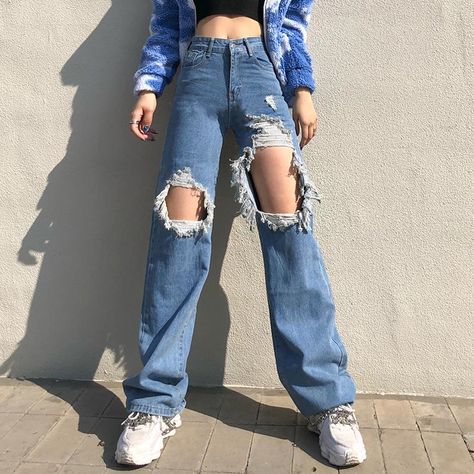 Blue Straight Jeans, Ripped Jeans Women, Jeans For Girls, Y2k Jeans, Petite Outfits, Casual Fall Outfits, Spring Outfits Casual, Wide Leg Denim, High Waisted Trousers