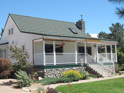 Color Scheme With Green, Metal Roofs Farmhouse, Cabin Exteriors, Simple Architecture, Metal Roofs, Roofing Ideas, White Fence, Cabin Exterior, Metal Roofing