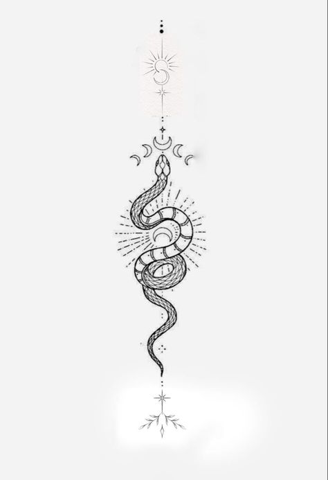 Serpent Tattoo Back, Snake Sternum Tattoo Women, Witchy Snake Tattoo, Celestial Snake Tattoo, Serpent Tattoos, Snake Spine Tattoo, Snake And Dagger Tattoo, Serpent Tattoo, New Tattoo Designs