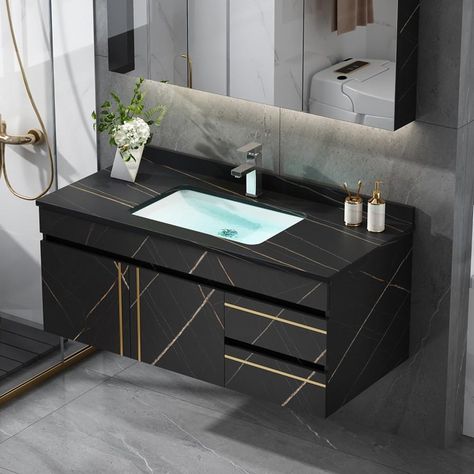 Bathroom Vanities - Tribesigns Floating Bathroom Sink, Vanity Floating, حوض الحمام, Vanity Modern, Black Bathroom Sink, Dark Bathroom, Floating Sink, Modern Luxury Bathroom, Vanity Black