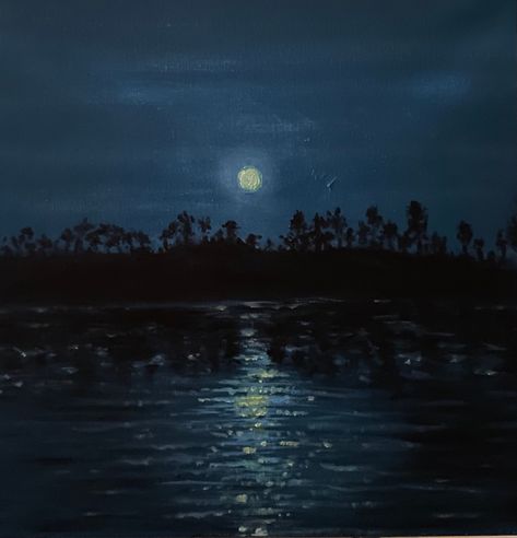 Handmade original painting of moon over water, moonlight reflecting from the surface of water, land and trees in the distance, size 12x12 in, oil on stretched canvas, unframed. Painting Of Moon, Drawing Person, Moon Over Water, Random Icon, Mcway Falls, Moonlight Painting, River Painting, Moon River, Sea Painting