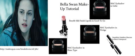 Bella Swan (Twilight) Makeup Tutorial.  These are the products that Kristen Stewart wore in the movie!! MAC's Flute was a limited edition eyeshadow so the substitute is MAC's Girlie Twilight Makeup Looks, Bella Swan Makeup Tutorial, Bella Swan Makeup, Twilight Makeup, Swan Makeup, Bella Swan Twilight, Twilight Outfits, Face Charts, Eye Makeup Techniques