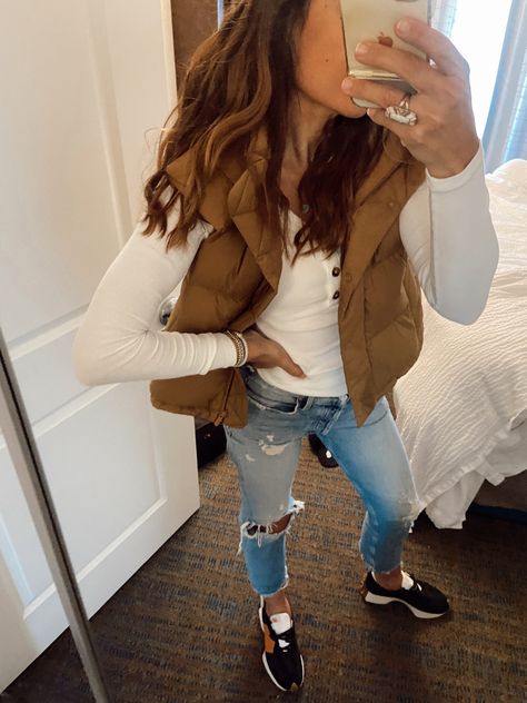 Mustard Vest Outfit Fall, Womens Fall Sneakers Outfit, White Jean Vest Outfits For Women, October Fashion Fall Outfits 2023, Camel Vest Outfits For Women, Women’s Sweater Outfits, Outfits For 35-40 Year Old Women, Fall Baseball Mom Outfit, Cute January Outfits