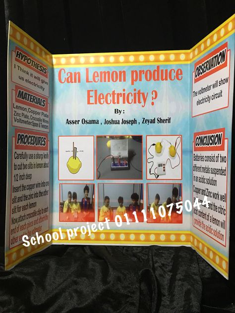 Electricity lemon school projects  for science fair Lemon Electricity Science Project, Science Fair Projects Electricity, Science Fair Board Decoration Ideas, Lemon Battery Science Project Board, Science Fair Project Ideas High School, Science Projects For Science Fair, Electricity Science Fair Projects Ideas, Science Fair Projects For Elementary 3rd, Last Minute Science Fair Projects