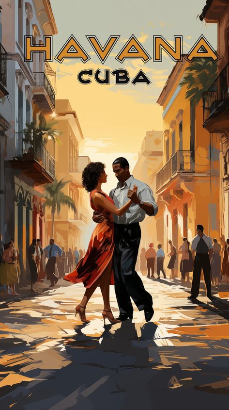 "Transport yourself to the vibrant streets of Old Havana with this captivating vintage poster. Amidst the charming cobblestone streets and colonial facades, a beautiful couple dancing takes center stage. This poster encapsulates the timeless allure of Old Havana, making it a cherished piece of art for admirers of Cuban heritage and vintage aesthetics. With your purchase you receive 5 high resolution JPG images (300 dpi) printable in the following sizes: 2x3 Ratio file 4\"x6\", 6\"x9\", 8\"x12\", 10\"x15\", 12\"x18\",  16\"x24\", 20\"x30\", 24\"x36\", 60x90cm 3x4 Ratio File 6\"x8\", 9\"x12\", 12\"x16\", 18\"x24\" 4x5 Ratio File 4\"x5\", 8\"x10\", 16\"x20\", 40x50cm 11x14 Ratio File 11\"x14\", 22\"x28\" International Size File 5\"x7\", A5, A4, A3, A2, A1, 50x70cm" Cuba Dance, Havana Nights Theme, Cuba Pictures, Vintage Cuba, Cards Poster, Cuban Art, Wall Decor Vintage, Vintage Poster Design, Cuba Travel