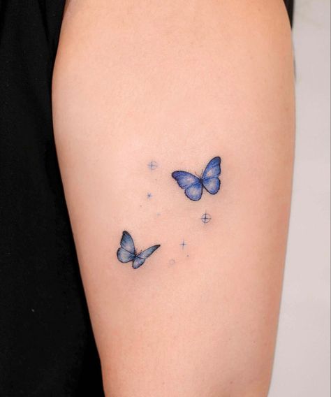 Ombre Butterfly Tattoo, Small Butterfly Tattoo With Color, Small Butterfly Tattoo Color, Blue Tattoo Butterfly, Light Blue Butterfly Tattoo, Colourful Butterfly Tattoo, Simple Blue Butterfly Tattoo, Dainty Blue Butterfly Tattoo, Minimalist Blue Butterfly Tattoo