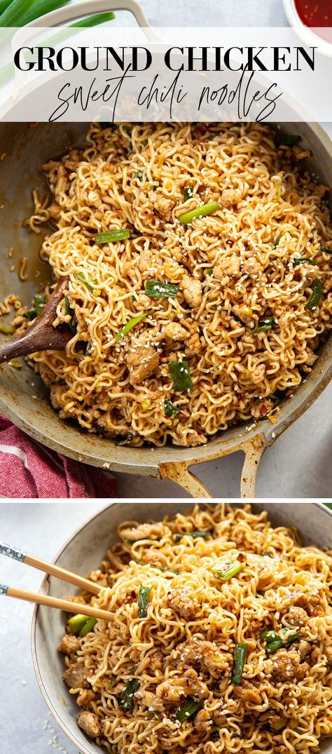 These flavorful sweet chili noodles couldn't be easier to throw together on a busy weeknight and feature tender noodles and ground chicken in a sweet and spicy chili sauce. Ground Chicken And Noodles Recipes, Ground Chicken Asian Recipes, Recipes With Sweet Chili Sauce, Sweet Chili Sauce Recipe Dinners, Sweet Chili Noodles, Chicken And Noddles, Sweet And Spicy Chili, Chili Noodles, Healthy 2024