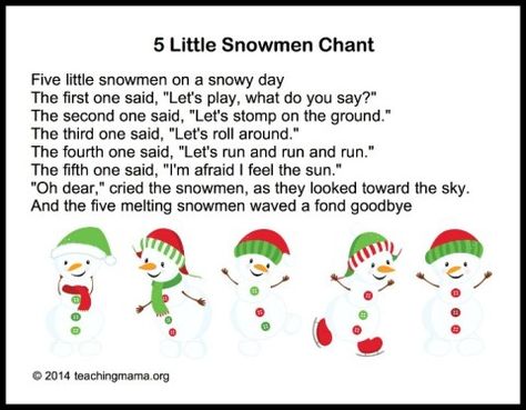 5 Little Snowmen- This targets singing as well as math concepts Winter Songs For Kids, Songs For Preschoolers, Preschool Poems, Winter Lesson Plan, Winter Theme Preschool, Snowmen Activities, Circle Time Songs, Simple Songs, Kindergarten Songs