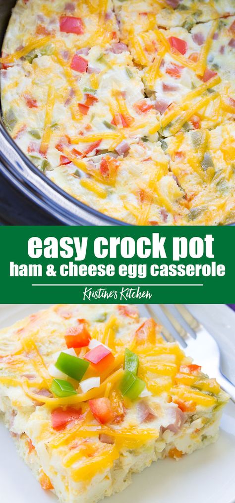 Easy Slow Cooker Ham, Cheese and Veggie Frittata. This make ahead egg casserole is made with just a few ingredients in your crockpot. Use your favorite healthy vegetables in this crock pot breakfast that is perfect for brunch! #frittata #ham #brunch #breakfastideas #crockpotrecipes Crockpot Ham And Cheese, Make Ahead Egg Casserole, Crockpot Egg Bake, Easy Slow Cooker Ham, Cheese Egg Casserole, Ham And Cheese Casserole, Easy Egg Casserole, Ham Breakfast Casserole, Veggie Frittata