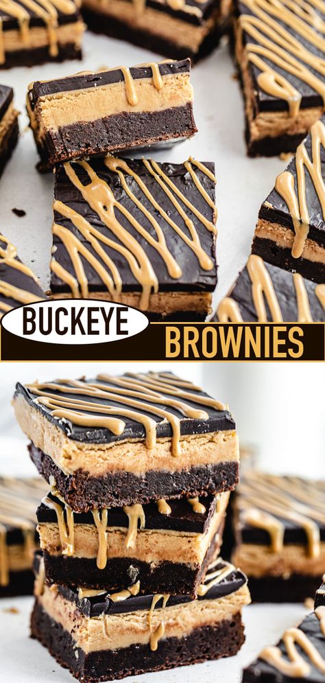 These Buckeye Brownies feature a decadent fudge brownie, with a smooth and thick peanut butter filling, topped with a rich chocolate ganache and drizzled with melted peanut butter! | queensleeappetit.com #brownies #buckeye #peanutbutter Buckeye Brownies Recipe, Brownies Decorados, Melted Peanut Butter, Buckeye Brownies, Fudge Brownie, Peanut Butter Filling, Brownies Recipe, Fudge Brownies, Eat Dessert