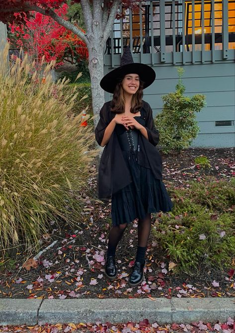 witch witch halloween halloweencostume corsetcostume witchy traditionalwitch 70s Witch Costume, 90s Witch Costume, Black Dress Witch Costume, Thrifted Witch Costume, Witch Costume Inspiration, Simple Witch Costume For Women, Casual Witch Costume, Cute Witch Costume For Women, Witch Aesthetic Costume