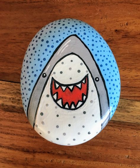 Painted Shark Rock, Shark Painted Rocks, Shark Painting, Rock Painting Ideas, Rocks Painted, Painted Rocks Kids, Painted Rocks Diy, Rock Painting Patterns, Collage Art Mixed Media