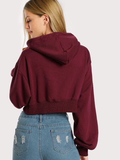 Cropped Long Sleeve Hoodie MAROON -SheIn(Sheinside) Maroon Hoodie Outfit, Red Cropped Hoodie, Short Hoodie, Maroon Shorts, Marina Laswick, Maroon Hoodie, Hoodie Aesthetic, Women Sweatshirts, Cropped Long Sleeve