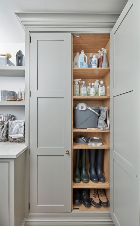 Small Utility Room Ideas, Laundry Storage Cabinet, Utility Room Ideas, Tom Howley Kitchens, Narrow Laundry, Utility Room Storage, Small Utility Room, Narrow Laundry Room, Utility Room Designs