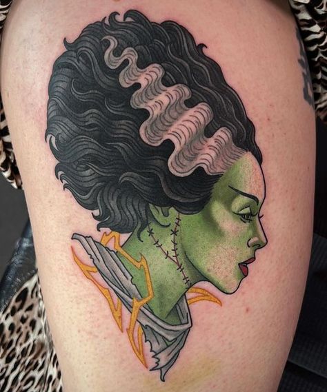 Frankenstein And The Bride Tattoo, Neo Traditional Filler Tattoo Ideas, Frankensteins Bride Tattoo, Frankenstein Traditional Tattoo, Neo Traditional Horror Tattoo, Bride Of Frankenstein Tattoo Traditional, The Ring Tattoo Horror, Frankenstein Tattoo Traditional, Frankenstein Bride Tattoo