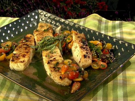 Halibut with Charred Garlic Oil and Tomato Relish Recipe : Bobby Flay : Food Network Tomato Relish Recipe, Bobby Flay Recipes, Grilled Halibut, Relish Recipe, Video Food, Tomato Relish, Relish Recipes, Garlic Oil, Bobby Flay