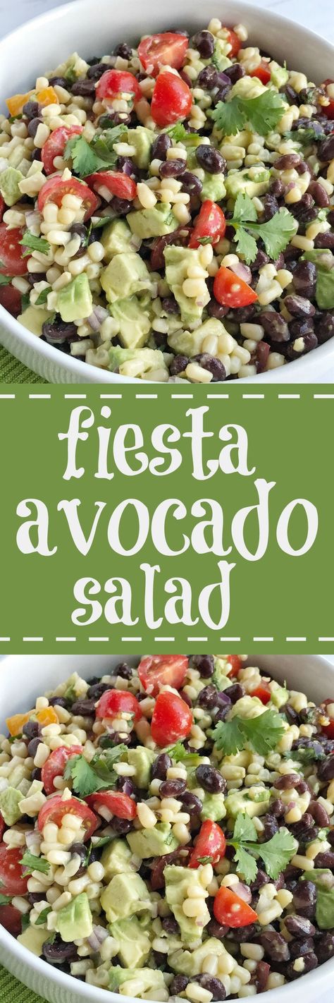 Fiesta avocado salad is loaded with avocados, corn, black beans, tomatoes, red onion, and cilantro covered in an easy citrus Avocado Dessert, Olive Oil Dressing, Oil Dressing, Avocado Salat, Mexican Dinner, Latin Food, Avocado Recipes, Avocado Salad, Perfect Side Dish