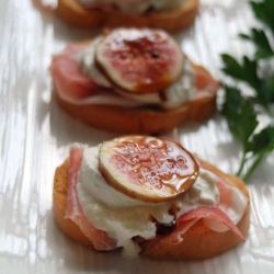 #269488 - Prosciutto Burrata and Fig Crostini Recipe Ricotta Prosciutto Crostini, Fig And Prosciutto Crostini, Fig And Prosciutto Appetizer, Fig Crostini Appetizers, Boujee Appetizers, Ricotta Crostini Appetizers, Fig Crostini, Stale Bread Recipes, Prosciutto Burrata