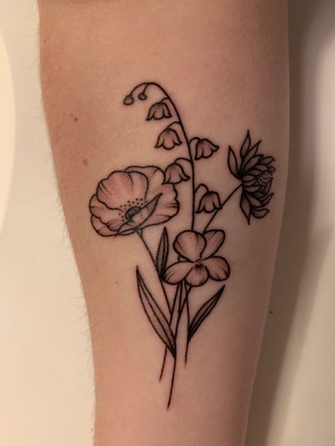 Poppy, sweet pea, carnation, violet Sweet Pea And Violet Flower Tattoo, Snowdrop And Sweet Pea Tattoo, Bundle Tattoo, Aster Tattoo, Sweet Pea Tattoo, Violet Flower Tattoos, Poppy Flower Tattoo, Pretty Flower Tattoos, Ink Therapy