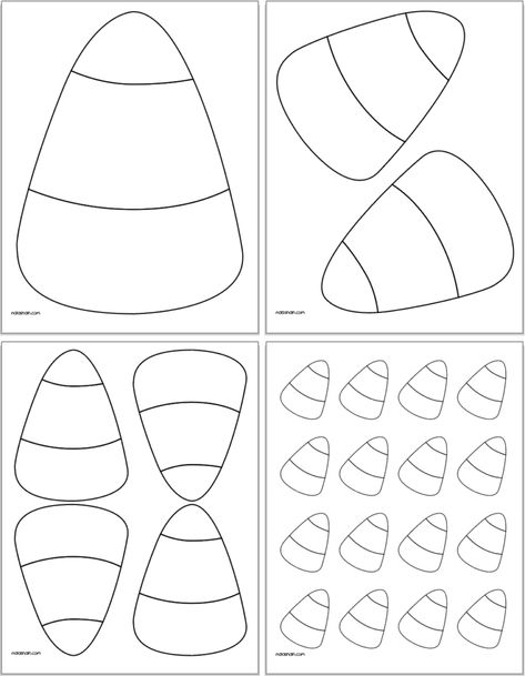 These free printable candy corn templates are perfect for DIY Halloween decorations and crafts! Take your pick from black and white candy corn coloring pages, colored candy corn templates, and kawaii candy corn printables. Each style is available in four sizes ranging from 10″ tall down to small candy corn templates just 2″ tall. Click through to download yours today! Candy Patterns Printable, Candy Corn Printable Template, Candy Corn Pumpkin Carving, Candy Corn Tissue Paper Craft, Halloween Candy Corn Crafts, Candy Corn Pattern Printable, Wood Candy Corn Decor, Corn Candy Craft, Free Candy Corn Template