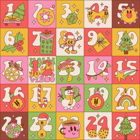 Groovy Christmas advent calendar square template. Trippy hippy retro holiday season decoration xmas day celebration. Contour hand drawn vector illustration Square Template, Groovy Christmas, Christmas Party Themes, Advent Calenders, Anime Christmas, Christmas Calendar, Retro Holiday, Christmas Parade, Hand Drawn Vector Illustrations