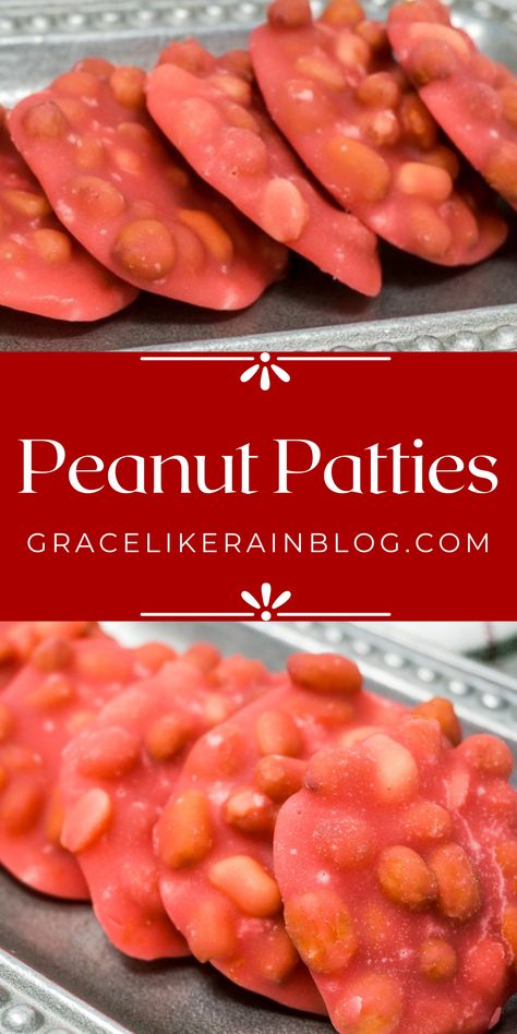 Peanut Patties are an old-fashioned southern treat that was often found at roadside stands and gas stations or fresh from your grandmother's kitchen. Their classic red color makes them a standout on your holiday sweets table. | Old fashioned peanut patties | red peanut patties | gas station peanut patties | peanut recipes | peanut candy | red peanut candy | chewy peanut candy | Christmas candy with peanuts | peanut treats red Red Peanut Patties Recipe, Easy Peanut Patties Recipe, Pink Peanut Patties Recipe, Peanut Patty Candy Recipe, Peanut Pralines, Peanut Patties Recipe, Soft Peanut Brittle Recipe, Old Fashioned Candy Recipes, Peanut Recipes Snacks