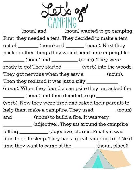 Camping Mad Libs Free Printable for Kids || The Chirping Moms Camping Mad Libs, Camping Activities For Kids, Games Outdoor, Girl Scout Camping, Camping Theme Party, Free Games For Kids, Camping Parties, Mad Libs, Scout Camping