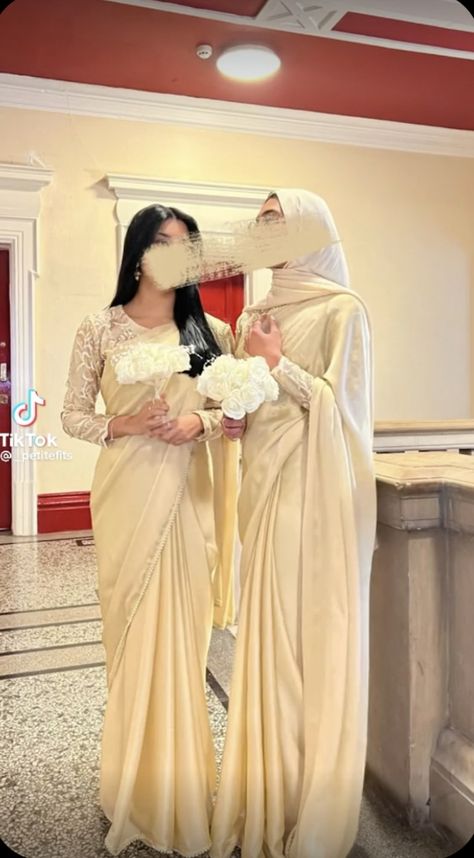 White Desi Clothes, Onam Saree With Hijab, Modest Saree Styles, Lehenga With Hijab, Hijabi Saree Style, Hijabi Sari, College Farewell Saree Ideas, Modest Saree, Asian Bridesmaid Dresses