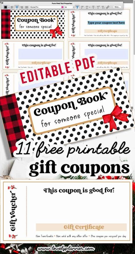 Free EDITABLE PDF Printable Gift Coupons to customize with your own text. Easy DIY Gift Idea. #freeprintable #gift #diygift #christmas #lovelyplanner Christmas Coupons For Boyfriend, Homemade Gift Certificates Templates, Editable Christmas Coupons Free Printable, Gift Coupons Printable, Christmas Gift Coupons Free Printable, Dinner Coupon Printable, Christmas Coupon Template Free Printables, Blank Coupon Template Free Printable, Christmas Coupons Printable