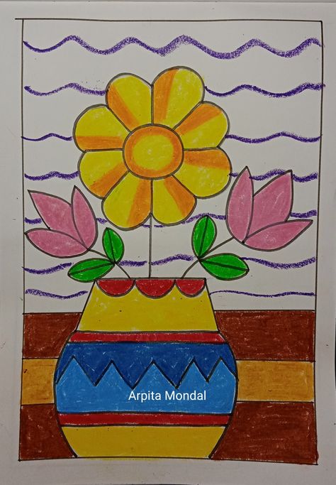 Flower Drawings With Color, Kids Drawing Projects, Flower Pot Drawing, Hello Kitty Wallpaper Ideas, Cute Halloween Coloring Pages, Dotted Drawings, Kids Art Galleries, Hello Kitty Wallpapers