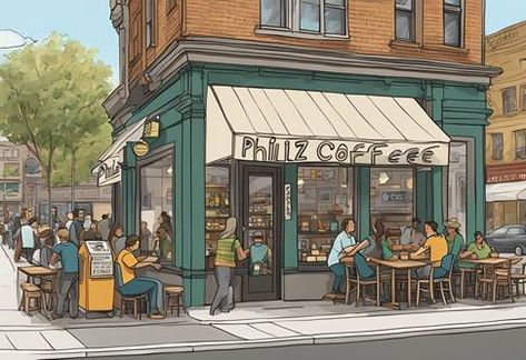 An illustration of people sitting outside a coffee shop. People At Coffee Shop, Coffee Shop Cartoon, Coffee Education, Illustration Of People, Coffee Origin, Philz Coffee, Mint Mojito, Sitting Outside, Coffee Industry