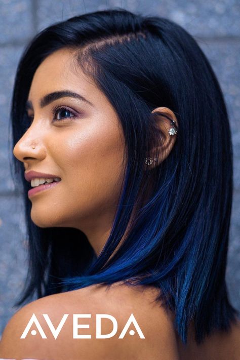 Blue Hair For Black Women, Black With Blue Tint Hair, Hair Color Ideas Natural Colors, Fun Spring Hair Color Ideas, Colored Hair Underneath, Blue Lowlights In Brown Hair, Blue Bayalage Hair, Deep Blue Hair Color, Dark Blue And Purple Hair