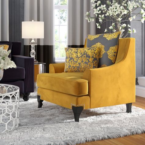 Lyla Gold Upholstery Armchair | Low sweeping arms and elegant colors will catch your guests’ attention. T-cushion seating with no-sag springs offers hours of comfortable relaxation while premium fabric accentuates any traditional home, emphasized with the matching pillow.  #GoldFurniture #GoldInteriors #InteriorDesign #HomeDecor #GoldChairs Gold Living Room Furniture, Gold Living, Gold Living Room, Yellow Living Room, Design Del Prodotto, Elegant Home Decor, Living Room Decor Apartment, Living Room Chairs, Sofa Design