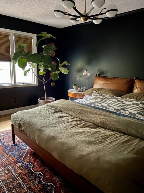 Wood Bedroom Asthetics, Moody Green Boho Bedroom, Long Leather Pillow On Bed, Moody Bedroom Men, Black Wall Green Bedding, Moody Bedroom Green Bedding, Dark Scandinavian Interior Bedroom, Olive Terracotta Bedroom, Moody Bedroom Headboard