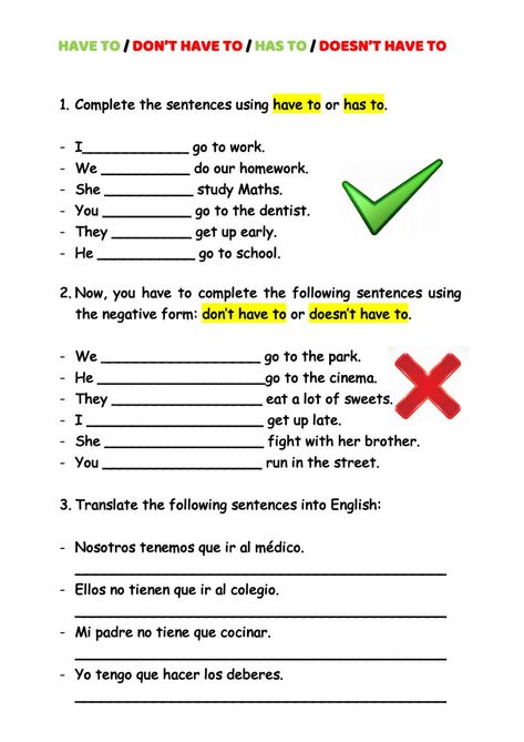 Don't Have Doesn't Have Worksheet, Have To Has To Worksheet, Middle School Grammar Worksheets, Middle School Esl, Teach English To Kids, English Lesson Plans, English Activities For Kids, Teaching English Grammar, English Grammar Worksheets