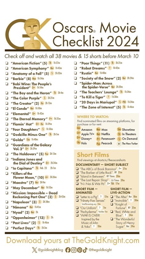 Oscars 2024: Download our printable movie checklist | The Gold Knight - Latest Academy Awards news and insight Movie Checklist, Classic Movies List, Gold Knight, Oscar Nominated Movies, Oscars 2024, Netflix Movie List, Oscar Movies, Best Movies List, Oscars 2023