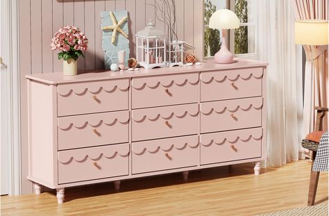 PRICES MAY VARY. 【Unique Cloud-Inspired Design】Our 9-drawer dresser for the bedroom boasts a distinctive scalloped drawer design, bringing an elegant flair to your decor that’s reminiscent of soft, fluffy clouds. The gourd-shaped feet and the top curved edges not only enhance its aesthetic appeal but also ensure safety for your loved ones, especially children. This accent dresser truly stands out from the crowd! 【Chic & Practical Storage】Featuring Nine spacious drawers, this bedroom dresser prov Pink Dresser Nursery, Kids Dresser, Gold And Pink Dresser, Pink White Gold Dresser, Pink Baby Dresser, Decor For Dresser, Flower And Butterfly Nursery Girl Rooms, Girls Bedroom Storage, Cowuette Dresser