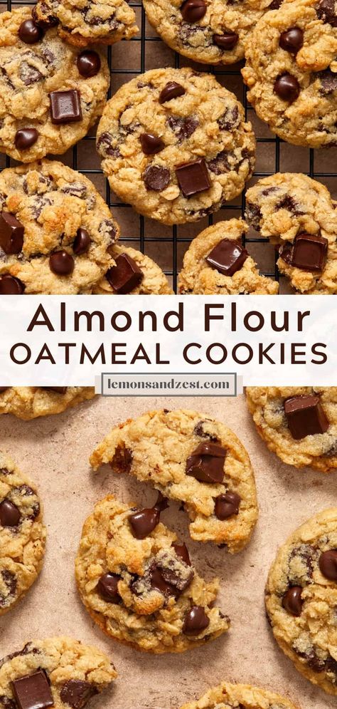 Chewy and delicious, these simple gluten free Almond Flour Oatmeal Cookies can be prepped in just 15 minutes and require no chill time. Packed with chocolate chips and chunks, wholesome oats and everything you love about a freshly baked cookie! Almond Flour Oatmeal Cookies, Almond Flour Oatmeal, Banana Chip Muffins, Almond Flour Chocolate Chip Cookies, Gluten Free Oatmeal Cookies, Oatmeal Diet, Almond Flour Cookies, Gluten Free Oatmeal, Chill Time