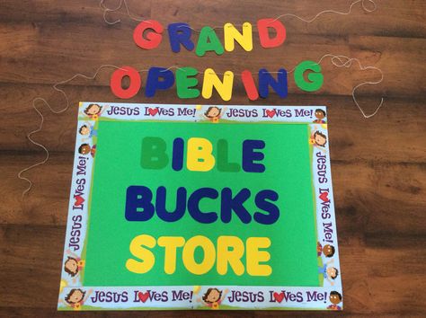 Bible bucks store signage Bible Bucks Printable, Bible Bucks Store Ideas, Bible Bucks, Kids Church Games, Kids Church Rooms, Kids Church Decor, Youth Bible Study, School Kids Activities, Bible Crafts Sunday School