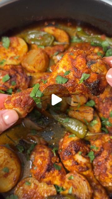 Alia Nadeem - Food & Recipes on Instagram: "Tandoori Chicken & Potatoes  One pan, TANDOORI CHICKEN & POTATOES. Mildly spiced, juicy, tender chicken and potatoes but without the faff! Recipe below. Save.  Ingredients  4 Chicken legs, thighs and drumsticks separated  2 Large potatoes, sliced (2 cm) 2 Medium onions, cut into wedges  6 Padron peppers (optional), whole  1 tsp Chick stock powder, dissolved in 1/2 Cup water  Marinade - 2 heaped Tbsp Tandoori seasoning ( I use Rajah) 1/2 tsp Mild/ Medium chilli powder (or to taste) Salt, to taste  1/4 cup Low fat Greek yogurt 2 tsp Garlic, paste 1 tsp Ginger, paste 1 1/2 tbsp Olive oil   Garnish - Fresh coriander, finely chopped  Method  Step 1 - Score the thighs and drumsticks. To a small bowl, add all of the ingredients for the marinade and mix Chicken Drumsticks And Potatoes Oven, Tandoori Chicken Leg Recipes, Curry Chicken Legs Recipes Coconut Milk, Indian Chicken Drumstick Recipes, How To Prepare Chicken Drumsticks, Padron Peppers, Desi Khana, Ginger Paste, Chicken And Potatoes